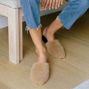 Jenni Kayne Shearling Black Leather Mules Flats Shoes